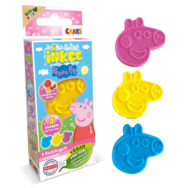 Inkee Peppa Pig Badebomben 3er-Set mit Erdbeerduft und Mandelöl